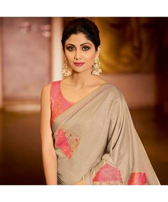 Beige embroidered Silk blend saree with blouse 4
