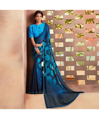 blue embroidered Georgette saree with blouse 1
