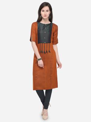 Orange Plain Rayon Straight Kurti 1