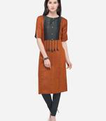 Orange Plain Rayon Straight Kurti