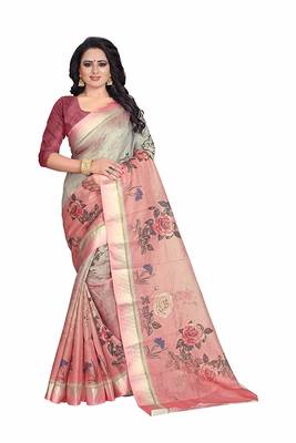 Women's Peach Rose Printd cotton Saree 1