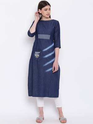 Blue Embroidered  Straight Kurti 1
