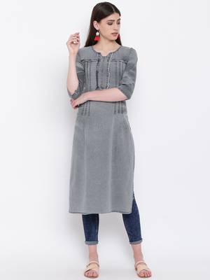 Grey Embroidered  Straight Kurti 1