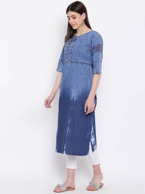 Blue Embroidered  Straight Kurti 4