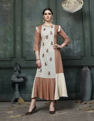 Brown/Off White Embroidered Rayon A Line Style Kurti 1