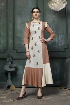 Brown/Off White Embroidered Rayon A Line Style Kurti