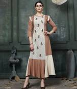 Brown/Off White Embroidered Rayon A Line Style Kurti