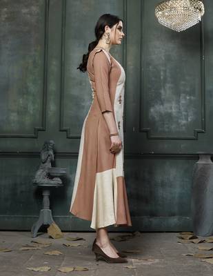Brown/Off White Embroidered Rayon A Line Style Kurti 3