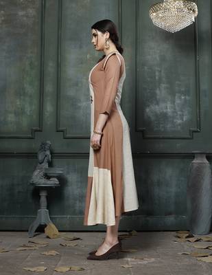 Brown/Off White Embroidered Rayon A Line Style Kurti 4
