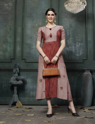 Orange Embroidered Rayon A Line Style Kurti 1
