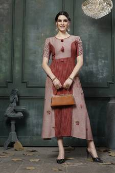 Orange Embroidered Rayon A Line Style Kurti