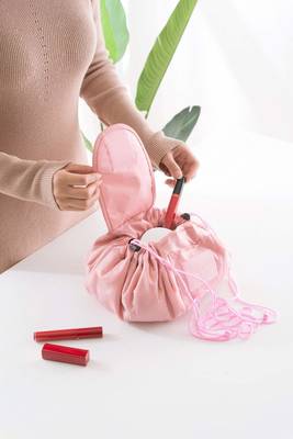 Light Pink Portable Drawstring Makeup Bag Organizer Polyester Matty Set Of 1 Pcs Big Size 1