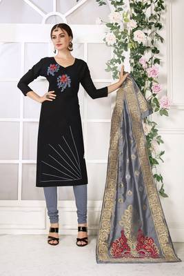 Black Hadloom Cotton Embroidered Unstitched Dress Material 1