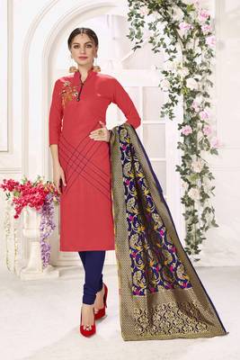 Peach Hadloom Cotton Embroidered Unstitched Dress Material 1