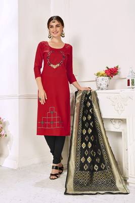 Red Hadloom Cotton Embroidered Unstitched Dress Material 1