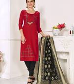 Red Hadloom Cotton Embroidered Unstitched Dress Material