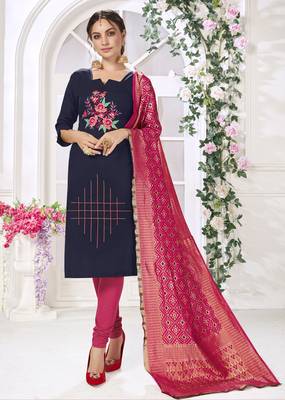 Navy Blue Hadloom Cotton Embroidered Unstitched Dress Material 1