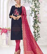 Navy Blue Hadloom Cotton Embroidered Unstitched Dress Material