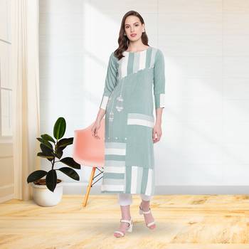 Green & White Checks Print With Embroidery Rayon Straight Kurti 1