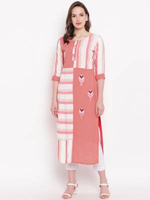 Peach & White Checks Print With Embroidery Rayon Straight Kurti 1