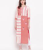 Peach & White Checks Print With Embroidery Rayon Straight Kurti