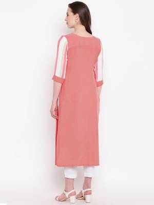 Peach & White Checks Print With Embroidery Rayon Straight Kurti 2