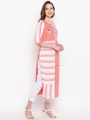 Peach & White Checks Print With Embroidery Rayon Straight Kurti 3