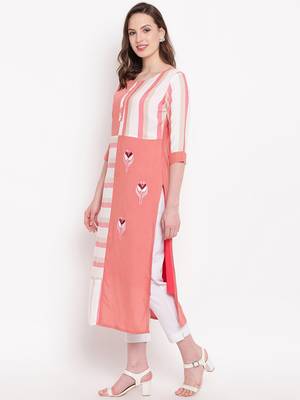 Peach & White Checks Print With Embroidery Rayon Straight Kurti 4