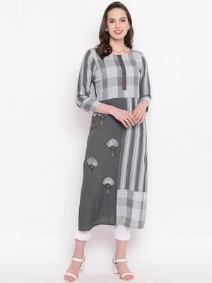 Grey Checks Print With Embroidery & Fancy button Rayon Straight Kurti 1