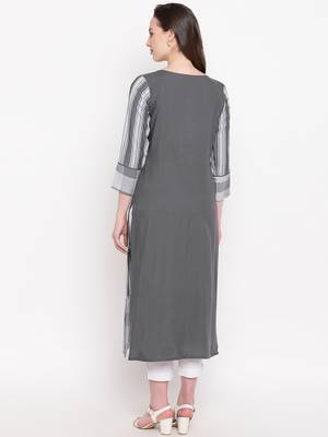 Grey Checks Print With Embroidery & Fancy button Rayon Straight Kurti 2