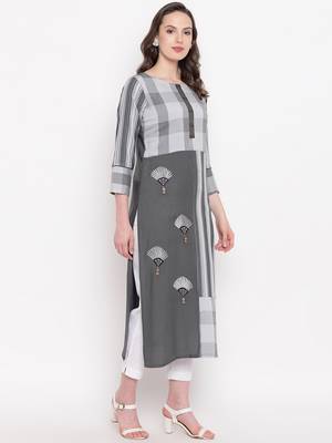Grey Checks Print With Embroidery & Fancy button Rayon Straight Kurti 3