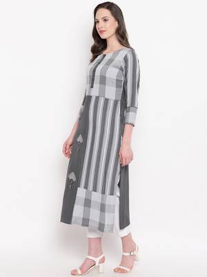 Grey Checks Print With Embroidery & Fancy button Rayon Straight Kurti 4