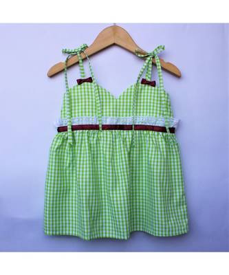 Many Frocks & strappy checks summer baby frock- green 1