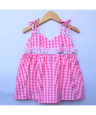 Many Frocks & strappy checks summer baby frock- pink 1