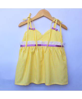 Many Frocks & strappy checks summer baby frock- yellow 1