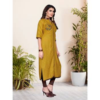 Mustard Embroidery Rayon Straight cut Kurti 1