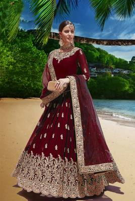 maroon embroidered faux georgette semi stitched aanarkali suits 1