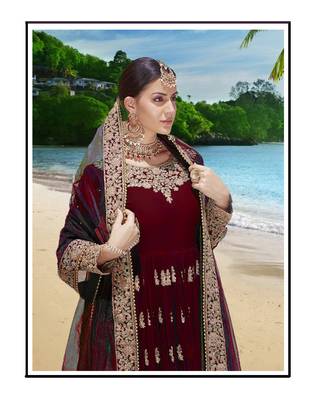 maroon embroidered faux georgette semi stitched aanarkali suits 2