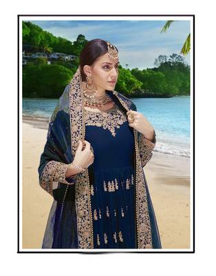 blue embroidered faux georgette semi stitched aanarkali suits 2