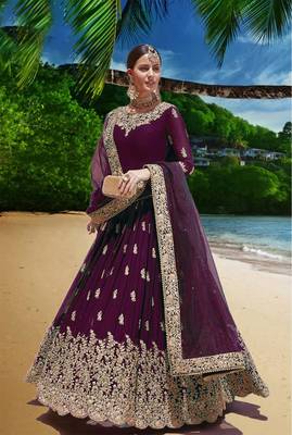purple embroidered faux georgette semi stitched aanarkali suits 1