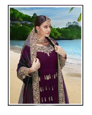 purple embroidered faux georgette semi stitched aanarkali suits 2