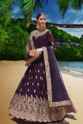 purple embroidered faux georgette semi stitched aanarkali suits 1
