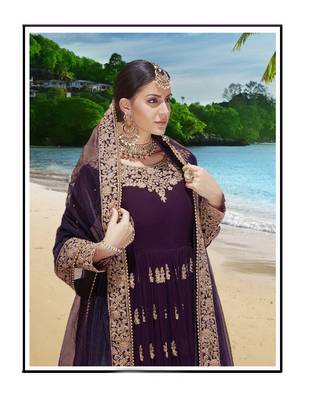 purple embroidered faux georgette semi stitched aanarkali suits 2