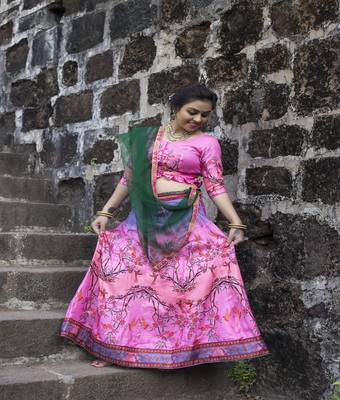 Pink digital print satin semi stitched lehenga 1