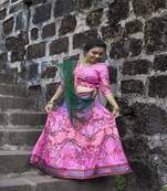 Pink digital print satin semi stitched lehenga