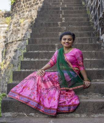 Pink digital print satin semi stitched lehenga 2