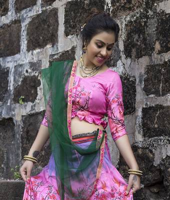 Pink digital print satin semi stitched lehenga 3