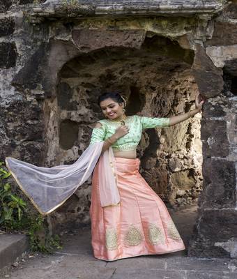 Peach embroidered silk semi stitched lehenga 1