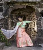 Peach embroidered silk semi stitched lehenga