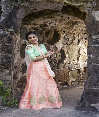 Peach embroidered silk semi stitched lehenga 2